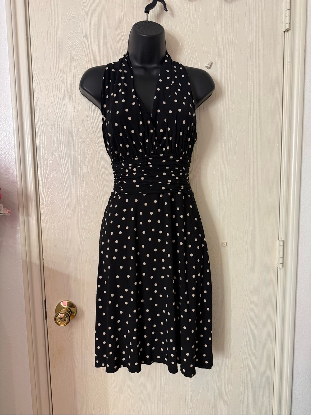 Evan Picone Black with White Polka Dot One-Shoulder Dress